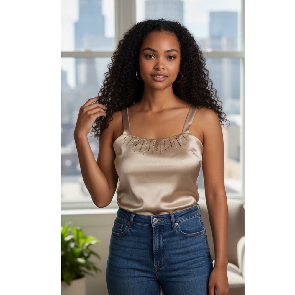 Karen Miller New York Champagne Beaded Satin Cami Top Size 10 Party Evening